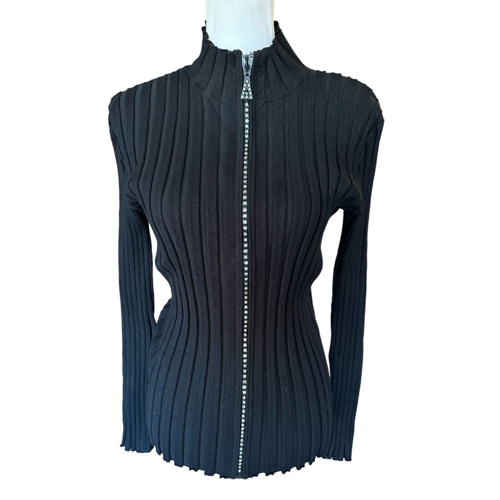 Belldini Sweater Cardigan Women Sz XL Black Full Zipper Rhinestones Stretch Knit - Picture 1 of 12